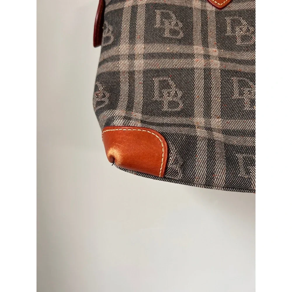 Dooney & Bourke Monogram Plaid Satchel Bag Leather Trim Cognac Gray